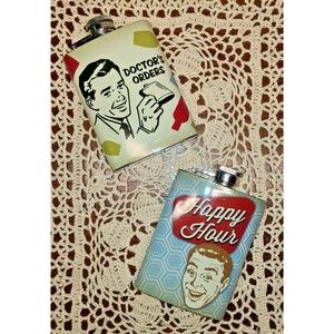 2 Cheeky Wembley Stainless Steel 4 oz. Flasks 'Happy Hour' and 'Doctor's Orders'